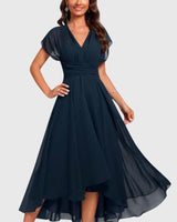Aramina | Damen V-Ausschnitt A-Linie Midikleid in Blau
