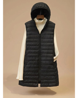 Ariella | Damen Steppjacke mit Kapuze, Reißverschluss und Langem Schnitt in Schwarz
