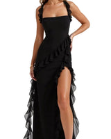 Ärmelloses Maxikleid für Damen mit Rüschenbesatz in Schwarz