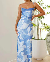 Ashley | Damen Maxikleid Blumenmuster Fließend Elegant in BLAU
