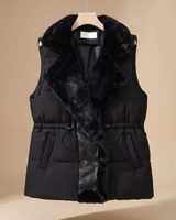 Asya | Damen Steppweste mit Fell Kragen und Taschen in Schwarz