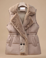 Asya | Damen Steppweste mit Fell Kragen und Taschen in Khaki