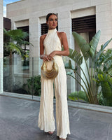 Ayla | Neckholder Plissee Zweiteiliges Set in Champagne
