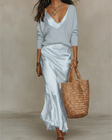 Aurelia | Damen Langarm Maxikleid mit Pullover und Satin Rock in Hellblau