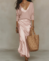 Aurelia | Damen Langarm Maxikleid mit Pullover und Satin Rock in Rosa