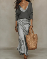 Aurelia | Damen Langarm Maxikleid mit Pullover und Satin Rock in Grau