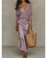Aurelia | Damen Langarm Maxikleid mit Pullover und Satin Rock in Lila