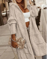 Aylin | Damen Lange Strickjacke mit Kapuze und Strickmuster in Beige