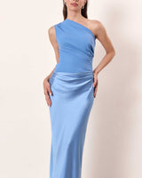 Gerda | Damen Ein-Schulter Maxikleid Falten – One-Shoulder Maxi Plissee 2026 in Blau