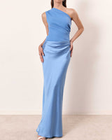 One Shoulder plissiertes Party Maxikleid in Blau