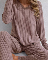 Damen Ripp Lounge Set mit langen Ärmeln in Kaffeebraun