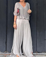 Saila | Damen Maxikleid V-Ausschnitt Fledermausärmel Unifarbe in Grau