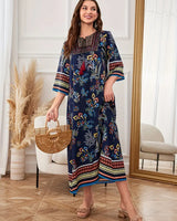 Mirri - Ethnisches grafisches Wandteppich Boho Midikleid in Marineblau