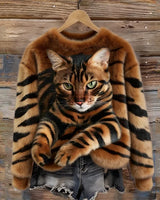 Jules – Weiches Plüsch Sweatshirt Mit Tabby Katzen Und Tiger Muster in Braun