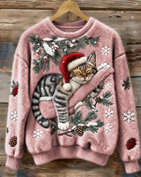 Elisabetta – Plüschpullover Mit Fauler Katze in Rosa