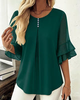 Hurley – Bluse Mit Rundhalsausschnitt Und Transparenten Rüschenärmeln in Dunkelgrün