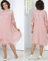 Frauen Rundhals Besticktes Patchwork Kleid in Rosa
