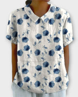 Lina | Blumenbluse aus Baumwolle und Leinen in Blau