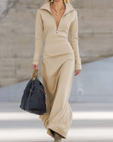 Beatrice | Damen Rosa Kapuzen Maxikleid Langarm in Beige