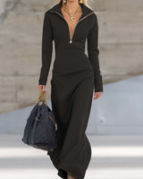 Beatrice | Damen Rosa Kapuzen Maxikleid Langarm in Schwarz