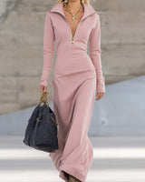 Beatrice | Damen Rosa Kapuzen Maxikleid Langarm in Hellrosa