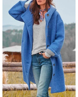 Beatrix | Damen Lange Fleece Winterjacke mit Kapuze und Knöpfen in Blau