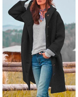 Beatrix | Damen Lange Fleece Winterjacke mit Kapuze und Knöpfen in Schwarz