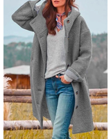Beatrix | Damen Lange Fleece Winterjacke mit Kapuze und Knöpfen in Grau