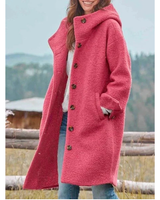 Beatrix | Damen Lange Fleece Winterjacke mit Kapuze und Knöpfen in Rosa