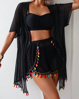 Damen Bikini Set mit Cover Up Shirt und Strandshorts in Schwarz