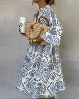 Benedikta | Damen Boho Langarm Mini Kleid mit Muster in Blau