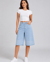 Bermuda Shorts Damen High Waist mit Strass in Denim