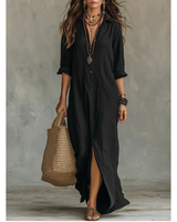 Bianca | Damen Langarm Maxikleid mit Kragen und Knöpfen in Schwarz