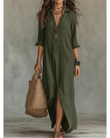 Bianca | Damen Langarm Maxikleid mit Kragen und Knöpfen in Grün