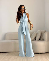 Kamwi - Eleganter Jumpsuit Mit Drapiertem Ausschnitt Und Weitem Bein in Blau