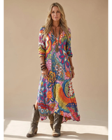 Brielle | Damen Boho Maxikleid mit V Ausschnitt und Vintage Blumenmuster in Mehrfarbig