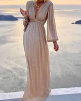 Brigitte | Damen Langarm V-Ausschnitt Maxikleid in Beige