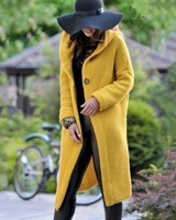 Brunhilde | Damen Strickjacke mit Kapuze, Langer Strickmantel für Herbst und Winter in Gelb