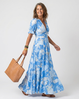 Brunhilde | Damen V-Ausschnitt Blumen Maxi Kleid in Blau