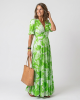 Brunhilde | Damen V-Ausschnitt Blumen Maxi Kleid in Grün