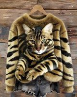 Jules – Weiches Plüsch Sweatshirt Mit Tabby Katzen Und Tiger Muster in Gold