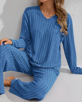 Damen Ripp Lounge Set mit langen Ärmeln in Blau