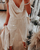 Diva | Ärmelloser Pailletten Jumpsuit mit elastischer Taille für funkelnde Eleganz in Elfenbein
