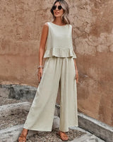 Lotte | Damen Set Rüschen-Top Rückenknöpfe Weite Hose in Beige