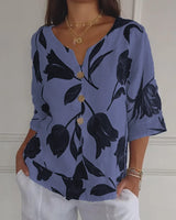Elara - Botanische V-Ausschnitt Bluse in Blau