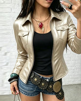 Shiona – Lederjacke Mit Vordertaschen in Champagner