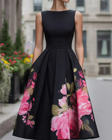 Xavia - Elegantes Midikleid mit floralem Muster in Schwarz