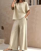 Josy – Set Aus Kurzärmeliger Bluse Und Hose mit Weitem Bein in Aprikose