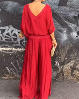 Saila | Damen Maxikleid V-Ausschnitt Fledermausärmel Unifarbe in Rot