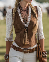 Calliope | Damen Western Langarm Spitzenärmel Bluse in Braun